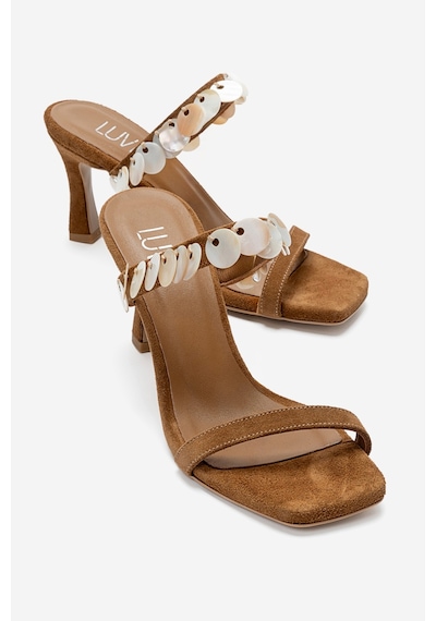 Luvishoes Arund Taba Süet Hakiki Deri Sedef Pul Aksesuarlı Kadın İnce Topuklu Terlik