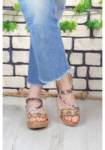 Vojo Daisy Rahat Taban Taş Boncuk Detaylı Kadın Sandalet 267800001858 14 Bej Bej