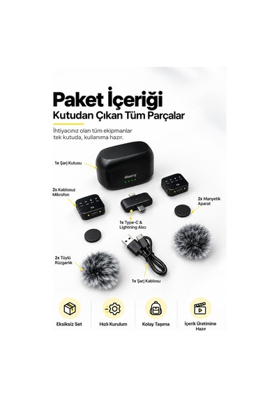K32 Kablosuz Yaka Mikrofonu Çift Mikrofonlu, Şarj Kutulu, Type-c & Lightning Uyumlu