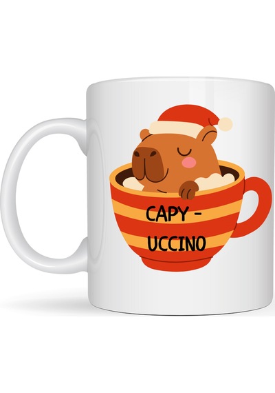 Capyccino Kapibara Tasarımlı Kupa Model 219 Yılbaşı Temalı Baskılı Seramik Kahve Kupası Çok Renkli