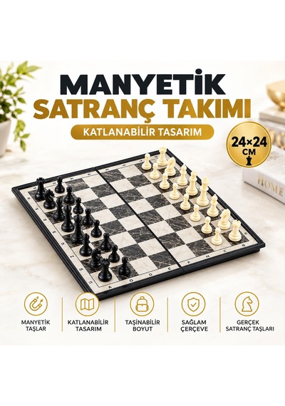 Manyetik Satranç Takımı 24x24 Cm Katlanabilir Taşınabilir Mermer Desenli Satranç Seti