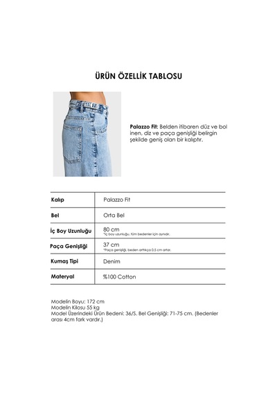 it's basic Kadın Kot Rengi 4s6-3 Baggy Palazzo Fit Kemer Detaylı %100 Koton Denim Jean Mavi