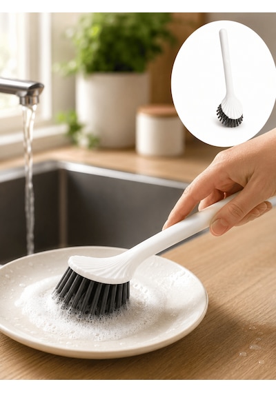 Beylini Tezgah Üstü Silikon Uçlu Bulaşık Yıkama Fırçası Çizdirmez Lavabo Tezgah Üstü Tabak Bardak Banyo Fırça Beyaz