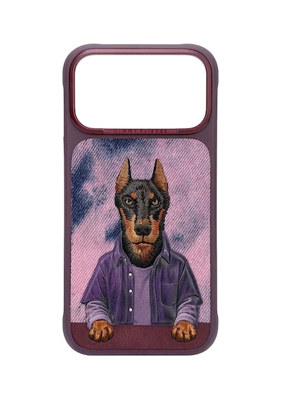 Magsafe İphone 18 Pro Uyumlu Kılıf Gerçek Nakış İşlemeli Doberman Desenli - Vişne