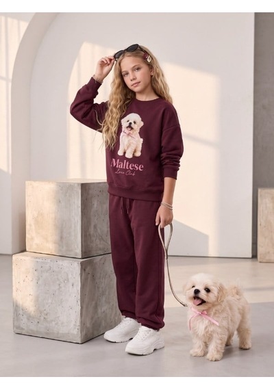 Zekids Kız Çocuk Pamuklu Köpek Baskılı Oversize Tasarım Sweatshirt-16472 Bordo