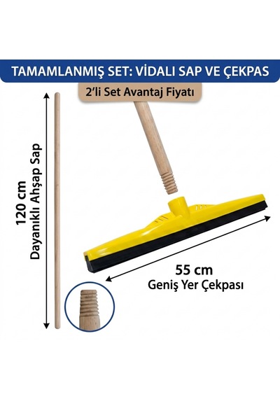 Mulpex Kauçuk Zemin Çekçeği 55 Cm + 120 Cm Ahşap Saplı Endüstriyel Temizlik Seti