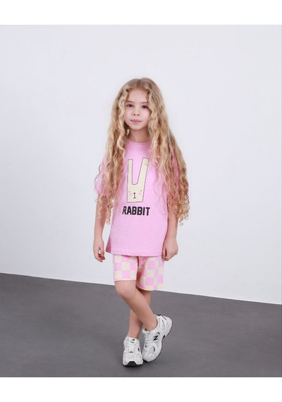 Cg Kids Rabbit Tavşan Baskılı Tshirt & Damalı Şort Pembe Alt Üst Takım Süper Kalite