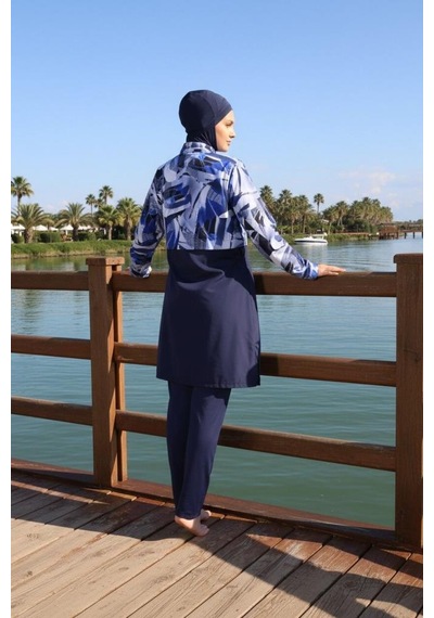 Estiva 26977 Lacivert Blue Motion Tam Kapalı Croplu Pantolonlu Tesettür Mayo