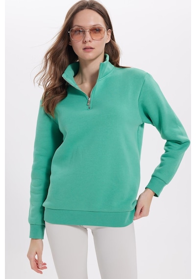 Tudors Kadın Relax Fit Rahat Kesim Pamuklu İçi Polarlı Yarım Fermuarlı Yeşil Dik Yaka Sweatshirt-41657
