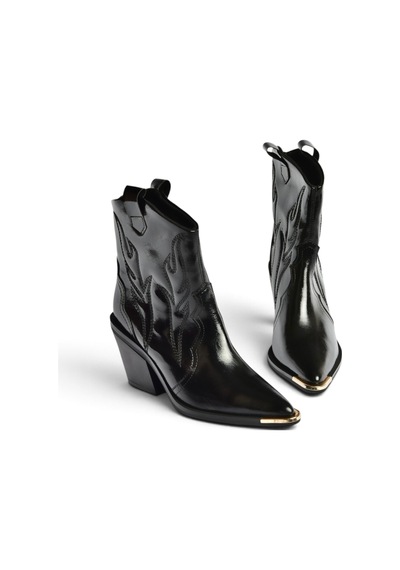 Fox Shoes Z920241160 Siyah Rustik Kalın Topuklu Kovboy Model Western Kadın Bot