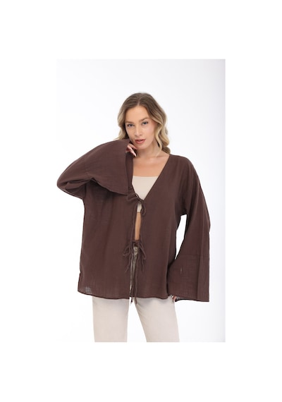 Blayn Jeans Blayn Kadın Keten Kimono Oversize Rahat Kalıp Yazlık Uzun Kollu Kimono Kahverengi