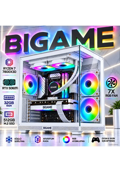 Bigame SAKURA-V2 R7-7800X3D 32 GB 512 GB M2 SSD RTX5060Ti Free Dos Masaüstü Oyuncu Bilgisayarı