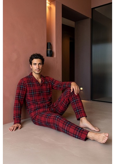 Nisanca Exclusive Erkek Süet Ekose Gömlek Yaka Pijama Takımı - Retro Erkek Pijama Bordo