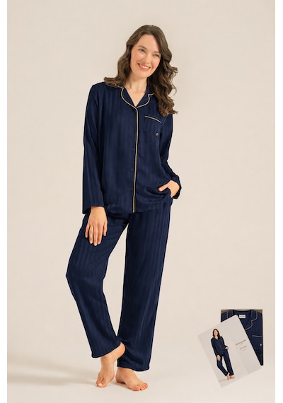 Pierre Cardin 9305 Saten Önden Düğmeli Uzun Kol Kadın Pijama Takımı Lacivert