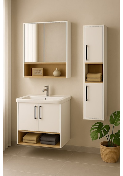 Dmz Home Concept Legna 80 Cm Beyaz-ahşap Renkli, Seramik Lavabolu, Alt - Üst Ve Boy Dolaplı Mdf Banyo Dolabı Seti