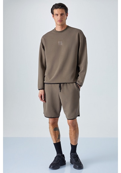Grımelange PLEMON Erkek Bisiklet Yaka Uzun Kol Baskı Detaylı Oversize Koyu Kahverengi Sweatshirt