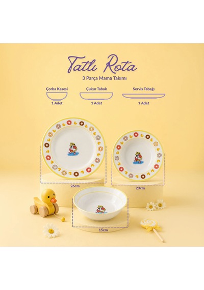 Fecra Tatlı Rota 3 Parça Porselen Mama Takımı Çok Renkli