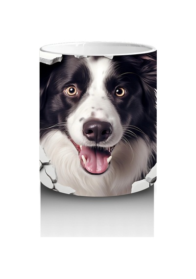 Pembe Kalpler Arasında Çatlağı Delip Bakan Border Collie - Baskılı Kahve Kupası Renkli