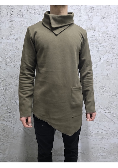 Şal Yaka Cep Detaylı Erkek Sweatshirt Haki