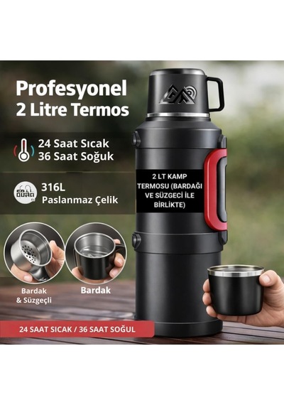 Profesyonel 68 Oz Pasianmaz Çelik 2 Litre Kamp Termosu Bardaklı Termos 24 Saat Sıcak 36 Saat Soğuk Taşınabilir Çelik 2lt Kamp Termosu Siyah Çok Renkli