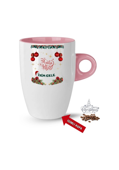 Yılbaşı Hediyesi Mutlu Yıllar Christmas İsimli Baskılı Porselen Latte Kupa Bardak Pembe Pembe