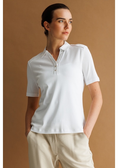 Kadın Polo Yaka İğne İşlemeli Pamuklu Penye T-shirt Ekru Ekru