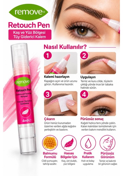 Remove Kaş Ve Yüz Tüy Alma Ağda Kalemi 4 Ml Normal Tüyler İçin Isıtma Gerektirmeyen Pratik Ağda Seti