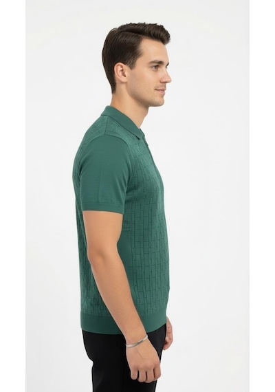 Plus Scorpion Erkek Polo Yaka Fermuarlı Triko Tişört Dokulu Slim Fit Yeşil