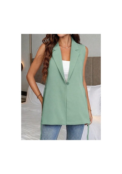 Butik İstanbul Kadın Kolsuz Yakalı Önden Düğmeli Belden Kuşaklı Atlas Ceket Yeşil