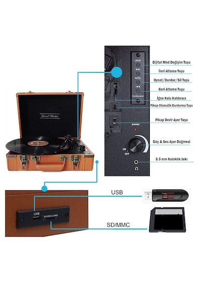Record Master T317UB Bluetooth Şarj Edilebilir Retro Pikap Kahverengi
