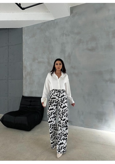 Zeo Basic Baggy Pantolon Beyaz&siyah İnek Desenli Yanlardan Lazerli Beyaz