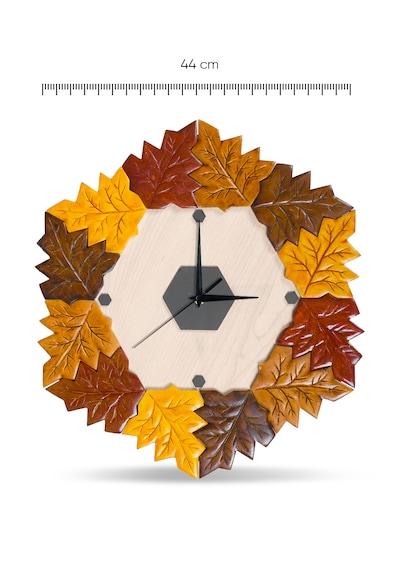 Sonbahar Yaprakları Dekoratif Yaprak Tasarımlı Duvar Saati 44x41 Cm Polyester Ve Ahşap El Yapımı Natural Karışık-çok Renkli