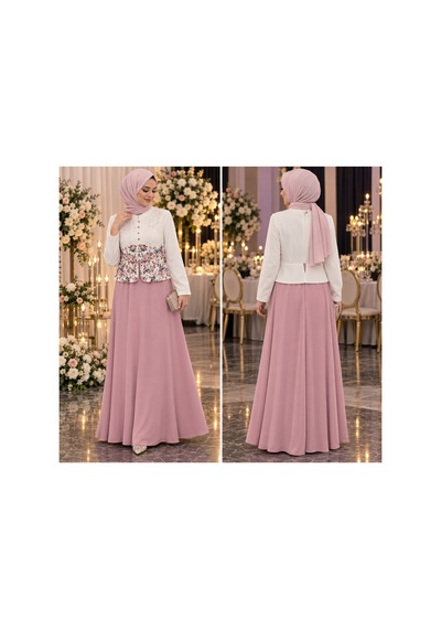 Gül&can Butik Pudra Pembe Çiçek Desenli Tesettür Abiye Zarif & Şık Pembe