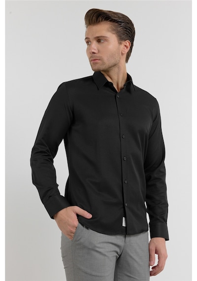 İmza Siyah Kendinden Desenli Sert Yaka Uzun Kol Cepsiz Slim Fit Pamuklu Gömlek 1004255283