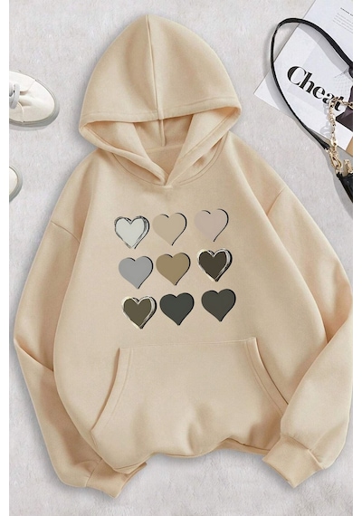 Uyguntarz Unisex Oversize Kalp Baskılı Sweatshirt Bej
