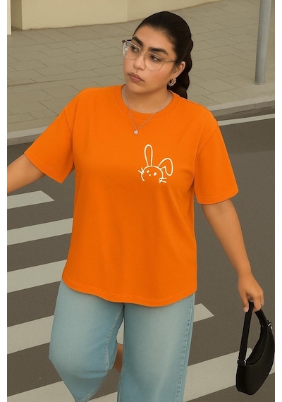 Büyük Beden Tavşan Baskılı Unisex Tişört Turuncu