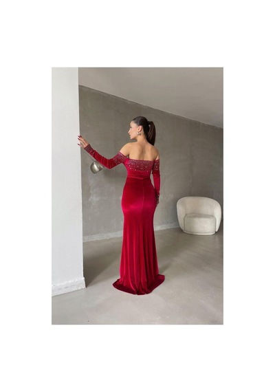 Lior Design Kadın Trend Model Esnek Kadife Kumaş Yırtmaçlı Uzun Kollu Abiye Elbise Kırmızı