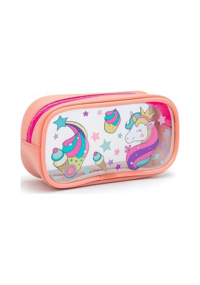 01112 Şeffaf Baskılı Tek Gözlü Kalemlik Kalem Kutusu Pembe Unicorn Genel