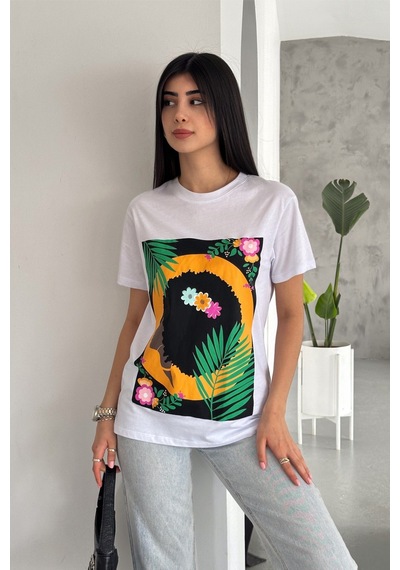 Femelle Kadın Beyaz Baskılı Pamuk Tişört - B029