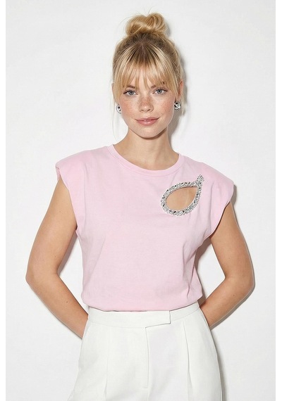 Kadın Taş İşlemeli Vatkalı Omuz Detaylı %100 Pamuk T-shirt 1075 60286066 - Pembe