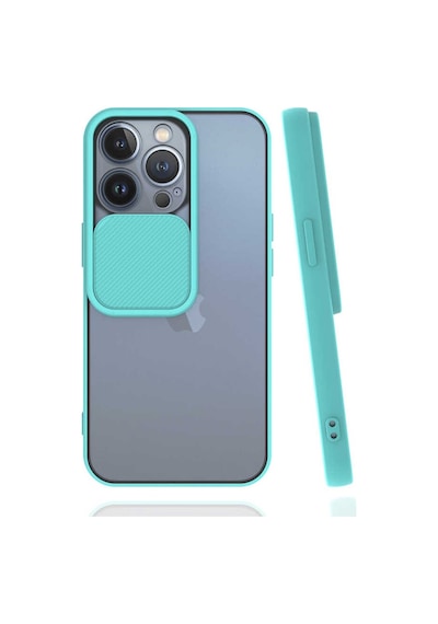 Noktaks - Apple Uyumlu iPhone 13 Pro - Kılıf Slayt Sürgülü Arkası Buzlu Lensi Kapak - Turkuaz
