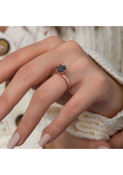 Rose Altın Kaplama Siyah Zirkon Taşlı Lotus Çiçeği Kadın  Yüzük Rose Gold