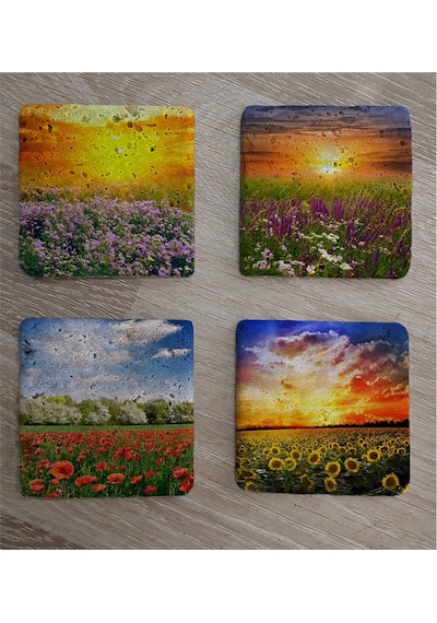 Bahar Çiçekleri Doğal Taş Bardak Altlığı 4'lü Set - Natural Stone Coasters - Taş Çok Renkli