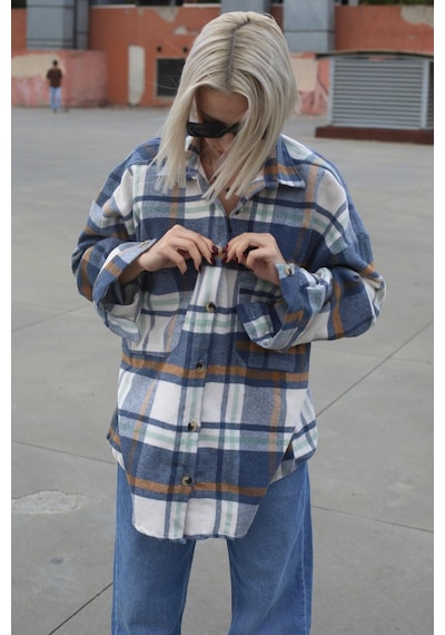 Madmext Lacivert Oversize Kadın Oduncu Gömlek Mg1589