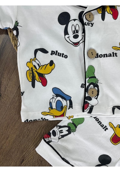 Kruvaze Yaka Önden Düğmeli Rahat Kalıp Yazlık Erkek Bebek Pijama Takımı %100 Pamuk 4bb2 Beyaz