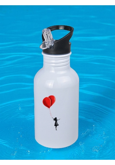 Balonlar Ve Kız Baskılı Matara Suluk 600 Ml - Kız Çocuk Suluk, Kız Sulukları Beyaz