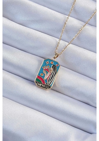 316l Çelik Zincir Altın Renk Taç Ve Kız Figürlü Renkli Mineli Tarot Kolye