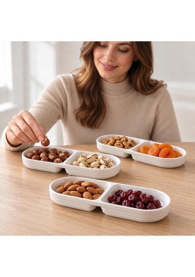 2 Bölmeli Porselen Çerezlik 3 Lü Set, 25,2 10 2,3 Cm, Beyaz Oval Kuruyemiş Ve Kuru Meyve Tabağı, Kahvaltılık Zeytinlik, Meze Sos Ve Atıştırmalık Sunum Tabağı, 3 Adet