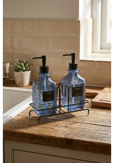 Makri Home Modern Kabartma Desenli Cam Ikili Sıvı Sabunluk & Deterjanlık Seti, Mavi - 500 Ml Cam Sabunluk Mavi