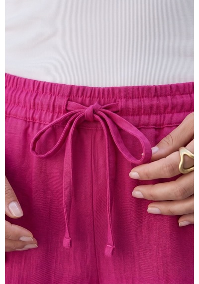 Kadın Fuşya Bağcıklı Rahat Pantolon Beli Lastikli Yazlık Hafif Kumaş Günlük Casual Palazzo Pantolon Pembe